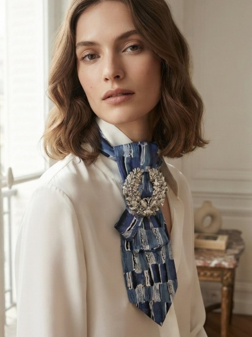 Cocktail Colors Blue Silk Statement Tie with Silver Tone Butterfly Brooch